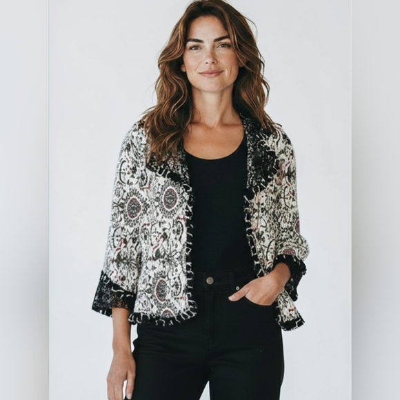 Alberto Makali Jackets & Blazers - Alberto Makali Boho Lace Trim Medallion Jacket Crinkle Knit Art-To-Wear Y2K XL